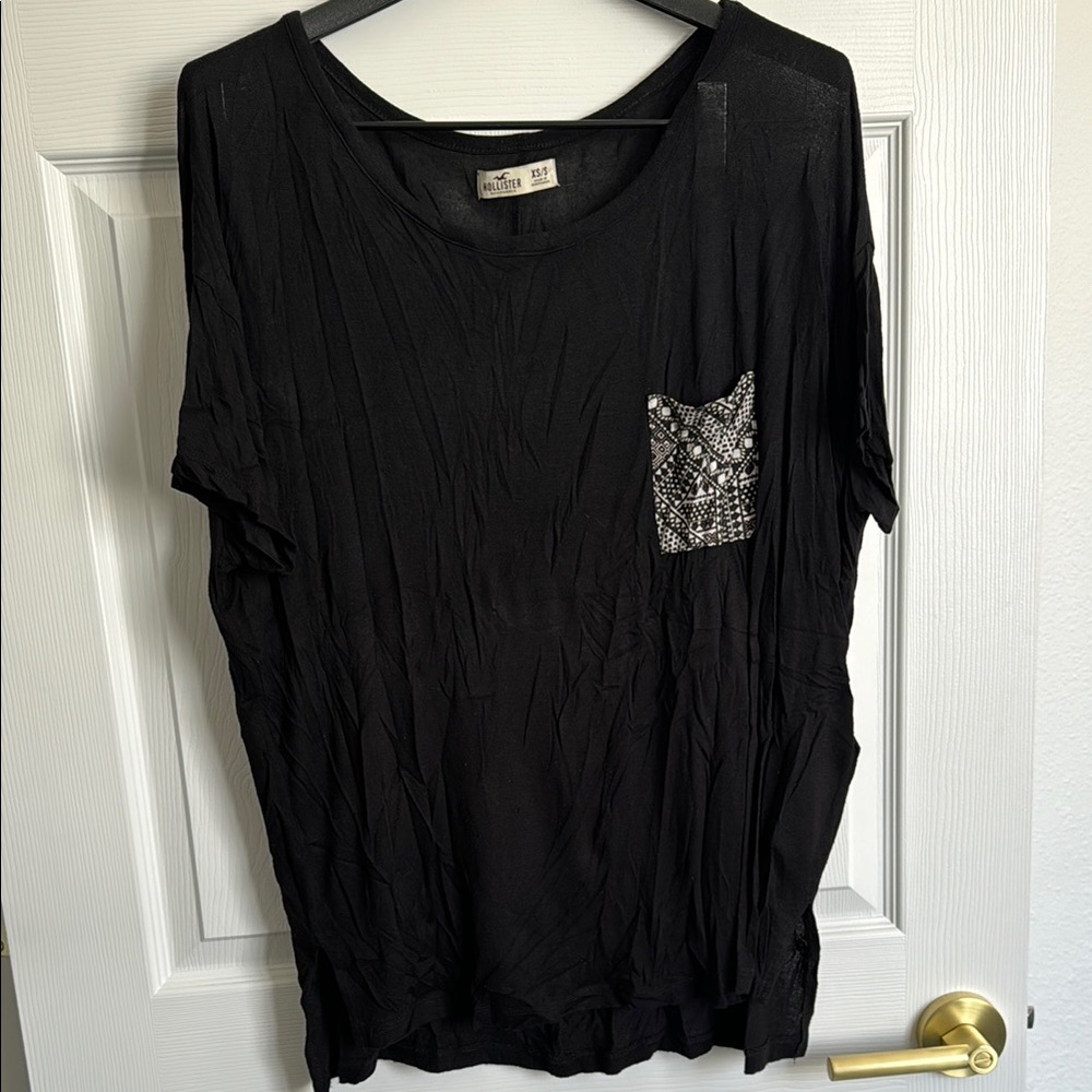 Oversized Flowy Black Boxy Short Sleeve T-Shirt Tribal Print Chest Pocket
